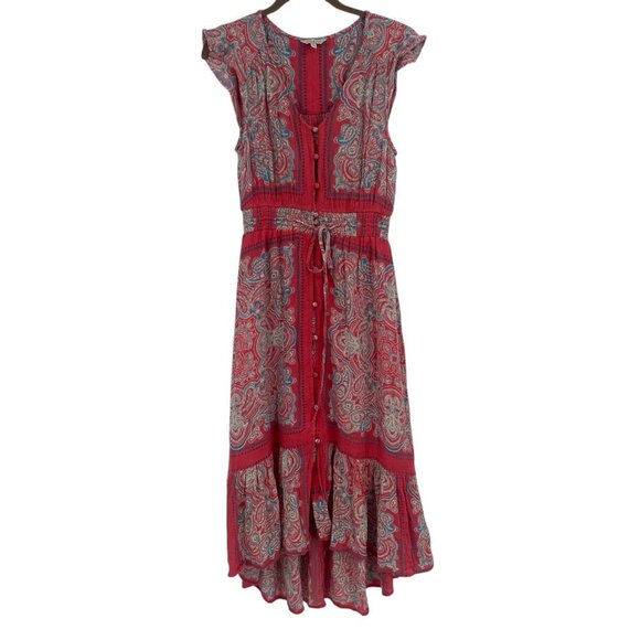 Lucky Brand Size Small Border Print Felice Midi Dress High Low Coral Red Boho - Picture 1 of 16
